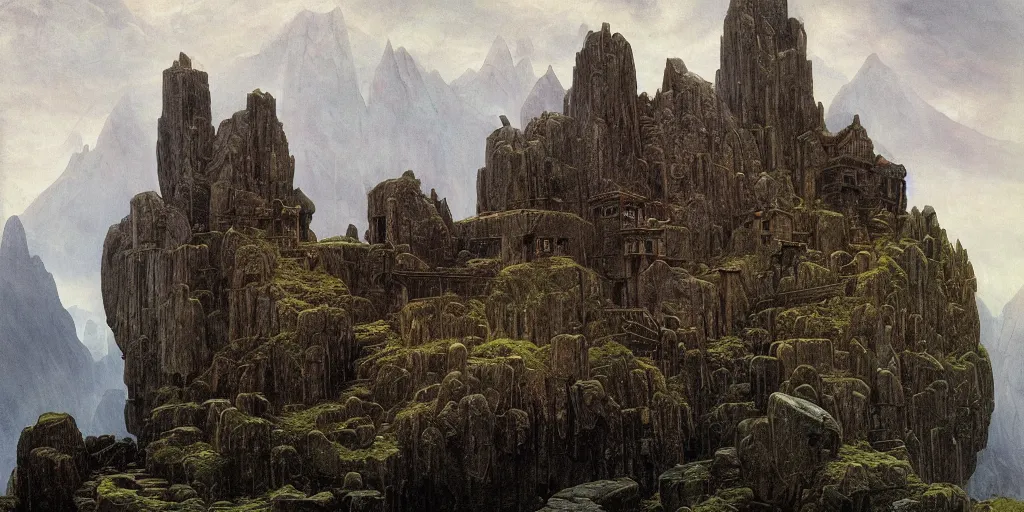 Prompt: the dwarven mountainhome | fantasy | dwarven fortress | Caspar David Friedrich |