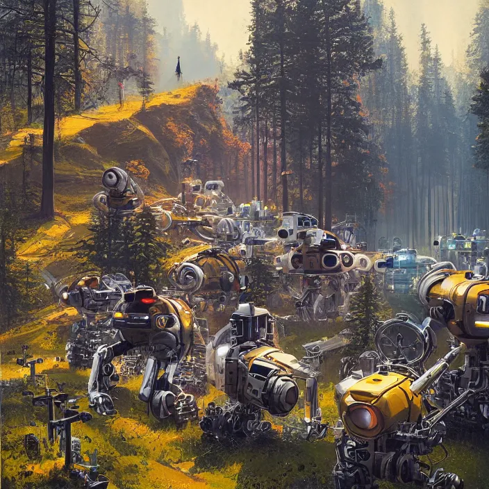 Prompt: robots in the swedish countryside, extremely detailed, vibrant, intricate, hard light, flat, illustration, digital painting, by simon stalenhag, by john berkey