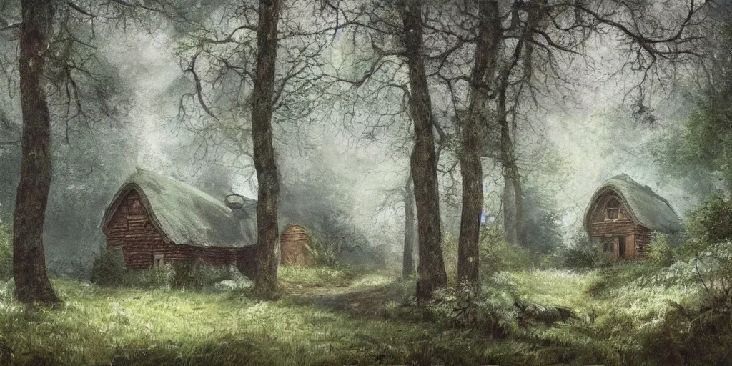 Image similar to a painting of a cottage in the woods and empty woods, 8k, fantasy, hyper realistic, atmospheric, cinematic