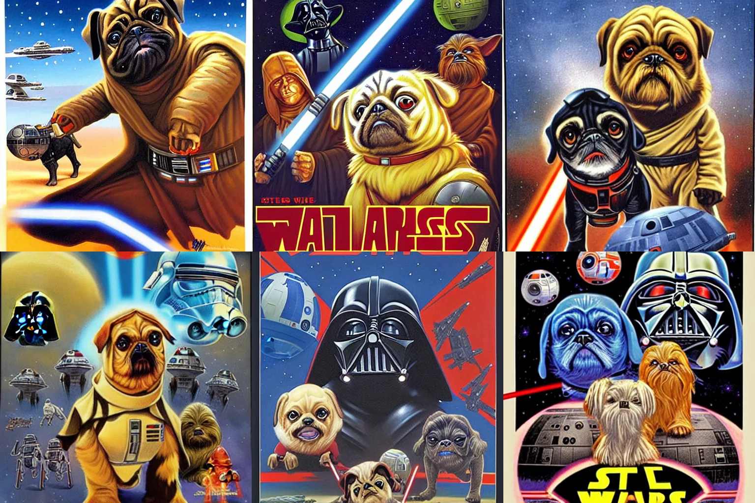 Prompt: Star Wars pugs poster by Greg Hildebrandt