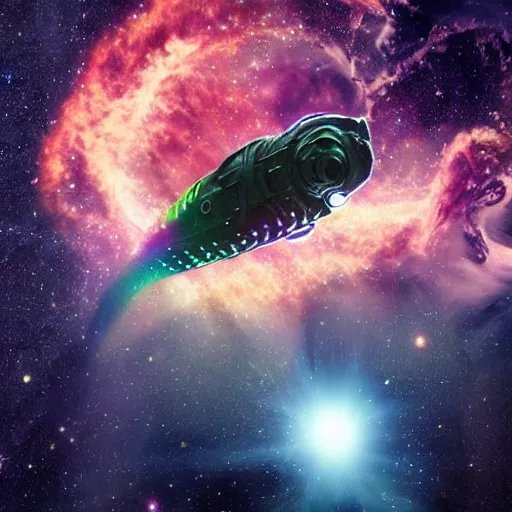 Prompt: a giant space squid grabbing a space ship, with a nebula behind