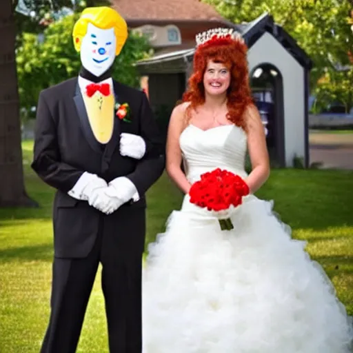 Prompt: Wedding between Ronald McDonald and the Burger King