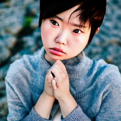 Image similar to beautiful gorgeous curvy Japanese edgy model girl with short hair, she's sad, sunset, 80mm lens, 1.2 aperture, grainy image, close up