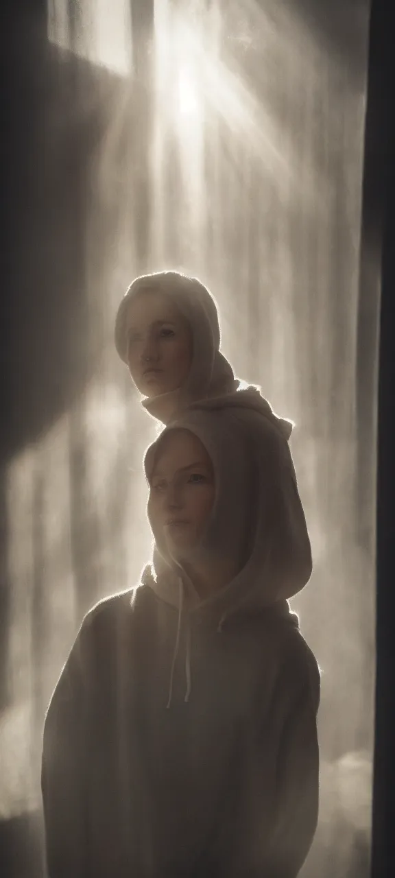 Prompt: very very beautiful photograph of emily skinner looking like annie leonhart in a hoodie standing next to a window god rays shining on her from the sunlight, volumetric fog, smoke, depth of field, beautiful composition, very very very beautifull face, on artstation and instagram, ray tracing