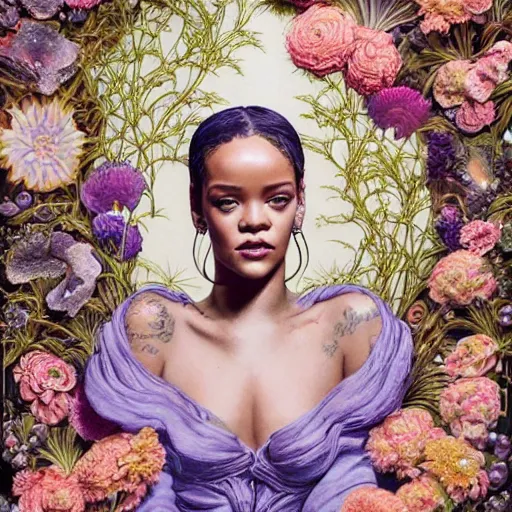 Image similar to portrait of Rihanna as a young pretty woman in flowing dress, arrogant, mysterious, long fine flowing hair, delicate, looking at camera, realistic face, intricate, stylish, elegant, grimdark, flowers, extremely detailed photograph by Martine Johanna and Ernst Haeckel and Greg Rutkowski