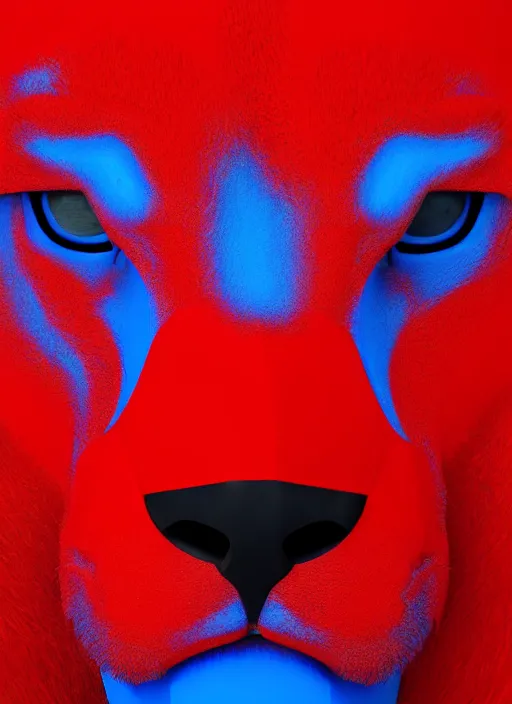 Image similar to a close up of a red lion's face with blue eyes, an album cover by jacob toorenvliet, featured on behance, cubo - futurism, rendered in cinema 4 d, sketchfab, rendered in maya, red shift, synthwave, by enguerrand quarton, by alesso baldovinetti, 3 d render, holography,