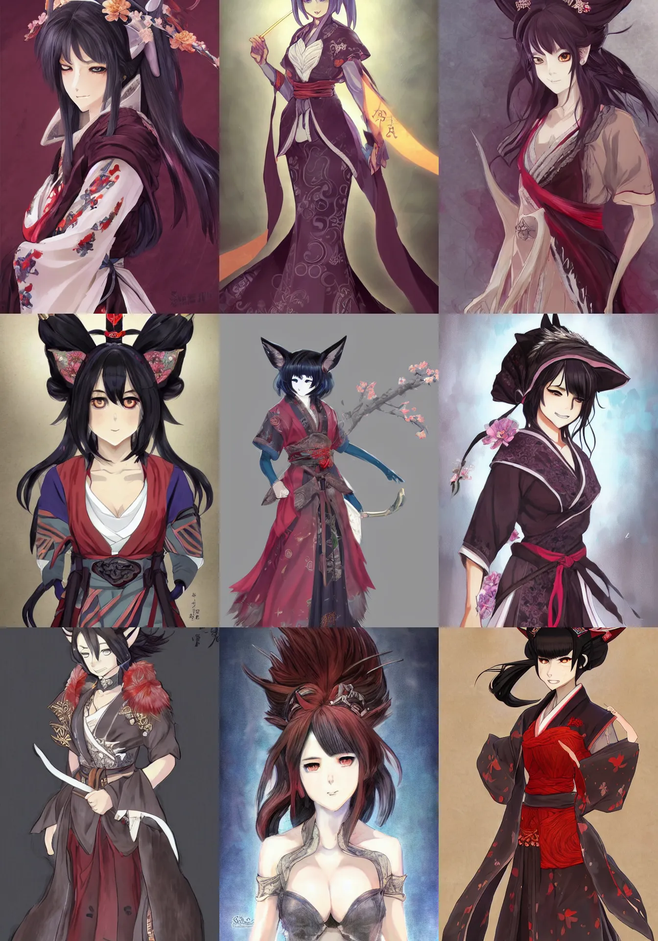 Prompt: A anime full-body character concept art portrait of Ssunbiki as a beautiful older fox lady with dark hime cut hair wearing a kimono from Skyrim, by Stanley Artgerm Lau, WLOP, Rossdraws, James Jean, Andrei Riabovitchev, Marc Simonetti, and Sakimichan, trending on artstation