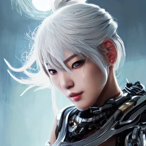 Image similar to ultra realistic illustration of cyborg song hye - kyo, warframe, intricate, nier automata, sunset, white hair, elegant, highly detailed, very intelligent, digital painting, highlights, artstation, concept art, smooth, sharp focus, illustration, art by artgerm and akihiko yoshida and alphonse mucha