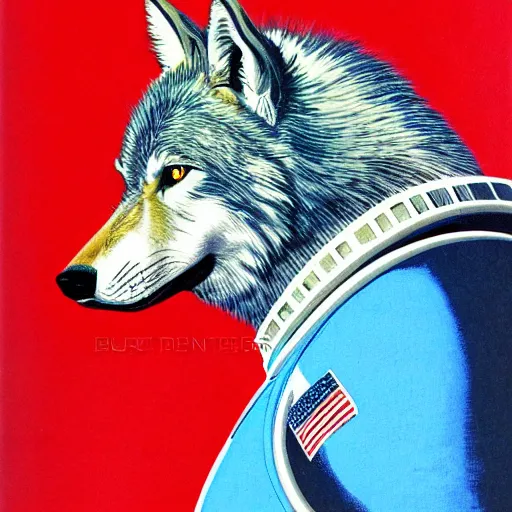 Image similar to A portrait of a wolf in an astronaut suit, by Bruce Pennington and Vincent DiFate, wolf astronaut