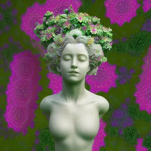 Image similar to an idealistic marble statue with flowery hair in a fractal garden, unreal engine, 8k render, beautiful, full frame,