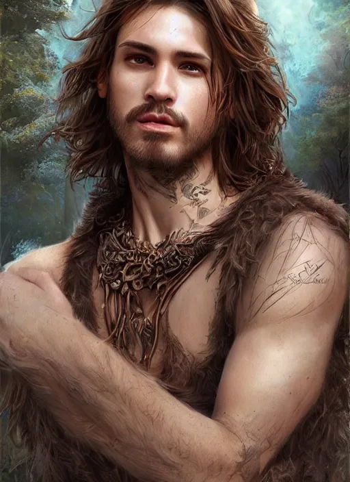 Image similar to a relaxed gorgeous male druid in a sleeveless west, short brown hair, stringy, full body, 8 k, hyperrealistic, hyperdetailed, fantasy portrait by laura sava