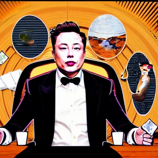 Image similar to UHD photorealistic Elon Musk playing poker with Shiba Inu hyperrealistic, correct details, cosmic dynamic lighting, symmetrical faces, accurate faces, in the style of art nouveau