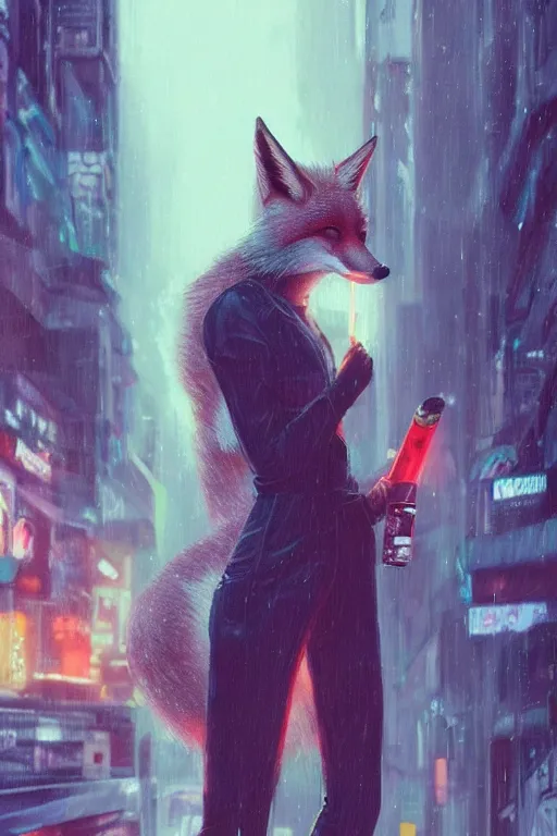 Image similar to beautiful portrait of a tall female anthro fox smoking a cigarette in a bustling crowd of a rainy city street, cyberpunk, harsh neon lights, highly detailed, digital painting, illustration, art by sakimichan, artgerm