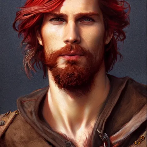 Prompt: portrait of a young ruggedly handsome but charming pirate, male, masculine, upper body, red hair, long hair, d & d, fantasy, full lips, intricate, elegant, highly detailed, digital painting, artstation, concept art, matte, sharp focus, illustration, art by artgerm and greg rutkowski and alphonse mucha