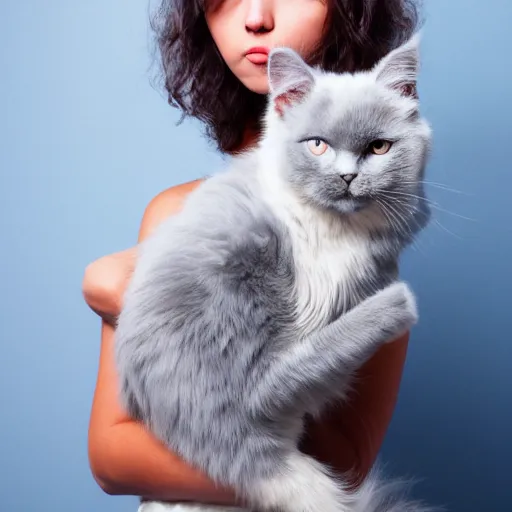 Image similar to A beautiful woman with light blue short messy hair with bangs holding a grey and white cat, full body portrait, highly detailed, excellent composition, dramatic lighting, realistic 4k