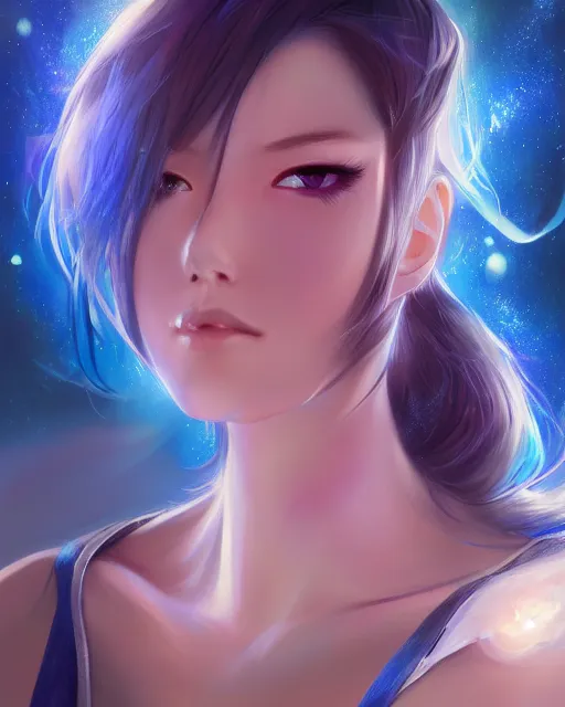 Image similar to A realistic anime portrait of a beautiful cosmic woman with glowing blue eyes and cosmic skin wearing clothes made of universes, digital painting, by Stanley Artgerm Lau, Sakimichan, WLOP and Rossdraws, digtial painting, trending on ArtStation, SFW version