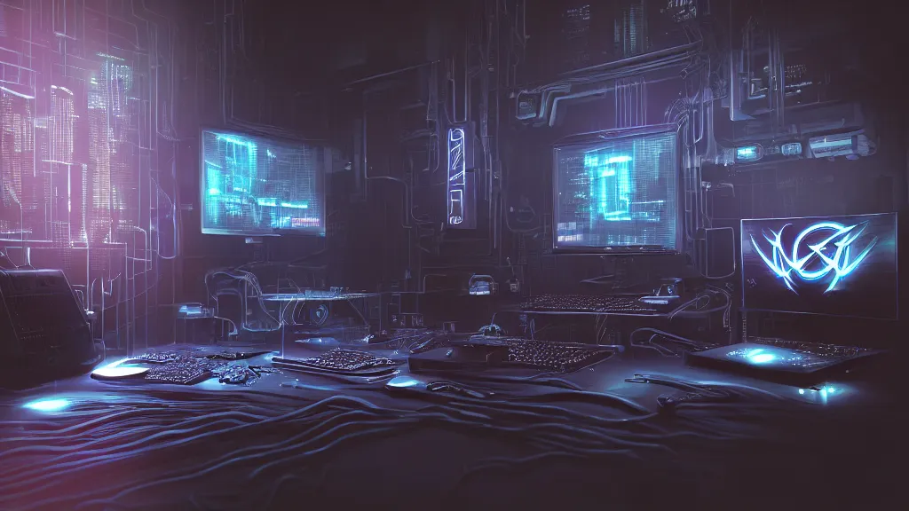 Image similar to a cyberpunk overpowered computer. Overclocking, watercooling, custom computer, cyber, mat black metal, alienware, futuristic design, Beautiful dramatic dark moody tones and lighting, Ultra realistic details, cinematic atmosphere, studio lighting, shadows, dark background, dimmed lights, industrial architecture, Octane render, realistic 3D, photorealistic rendering, 8K, 4K, computer setup, highly detailed, desktop computer, desk, table, ikea