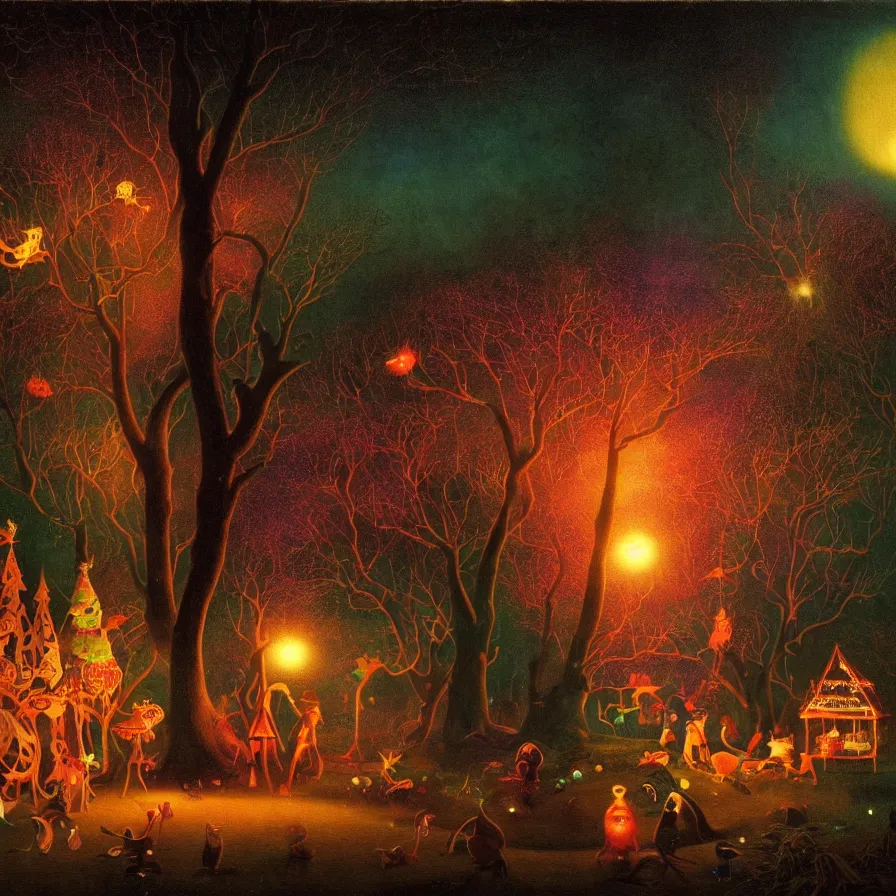 Prompt: closeup of a night carnival inside a magical tree cavity, with a surreal orange moonlight and fireworks, next to a lake with iridiscent water, christmas lights, folklore animals and people disguised as fantastic creatures in a magical forest by summer night, masterpiece painted by harry watrous, scene by night, dark night environment, refraction lights, glares