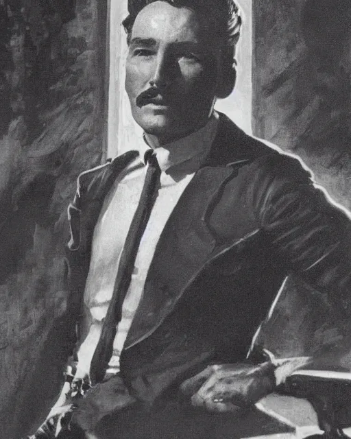 Image similar to Errol Flynn as a scientist. 1980s dystopian Soviet Russia, propaganda screens. Unreal engine, fantasy art by Greg Rutkowski, Gustave Courbet, Rosa Bonheur, Edward Hopper, Ilya Yefimovich Repin, Jean-François Millet, Andrew Newell Wyeth. Faithfully depicted facial expression, perfect anatomy global illumination, radiant light, detailed and intricate environment