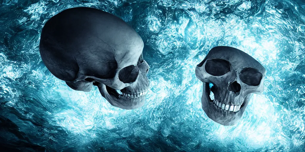 Prompt: a professional photographic view picture of a giant diamond skull floating in the ocean ,photographic filter unreal engine 5 realistic hyperdetailed 8k ultradetail cinematic concept art volumetric lighting, fantasy artwork, very beautiful scenery, very realistic painting effect, hd, hdr, cinematic 4k wallpaper, 8k, ultra detailed, high resolution, artstation trending on artstation in the style of Albert Dros glowing rich colors powerful imagery