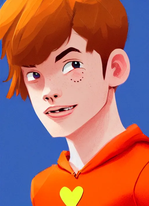 Image similar to friendly teenage archie andrews wearing an orange superhero costume with heart logo, heart, freckles, blue cape, heart emblem on chest, blue cape, intricate, elegant, glowing lights, highly detailed, digital painting, artstation, sharp focus, illustration, art by wlop, mars ravelo and greg rutkowski