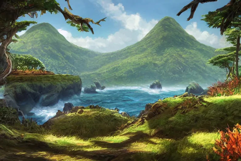 Image similar to an island from afar with forests and a mountain in open ocean, art by john avon, artstation, highly detailed, magic the gathering art