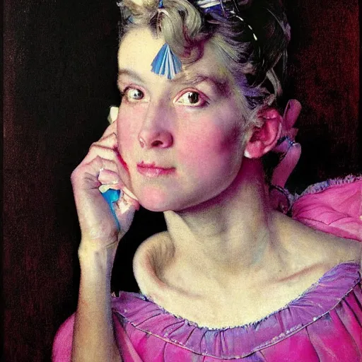 Image similar to portrait of a blue and pink queen, by norman rockwell