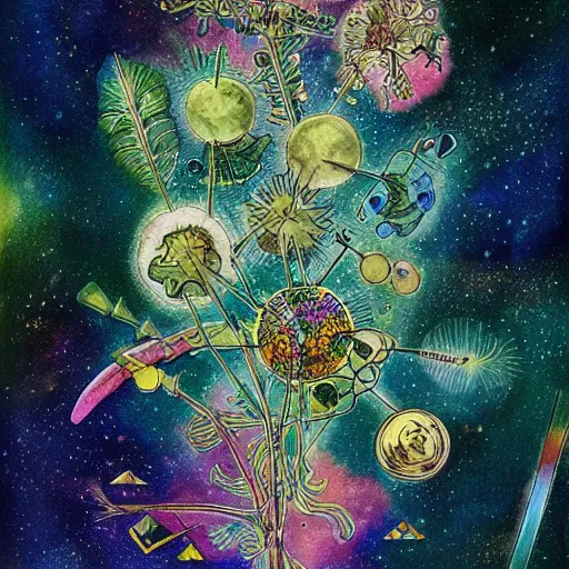 Prompt: interstellar cannabis molecular, a beautiful watercolor and ink sketch by ernst haeckel, victo ngai, and wassily kandinsky