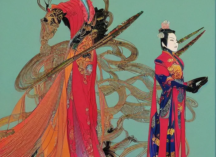 Prompt: powerful chinese empress, full body, high fashion, futurism, aerodynamic, feminine, oriental, intricate, slick, highly detailed, digital painting, vogue, concept art, smooth, sharp focus, hd, art by jean giraud and moebius and annie leibovitz