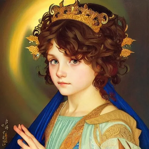 Image similar to a little girl with short wavy curly light brown hair and blue eyes, a space empress in byzantine style. beautiful highly detailed face, painting by ilya kuvshinov and alphonse mucha