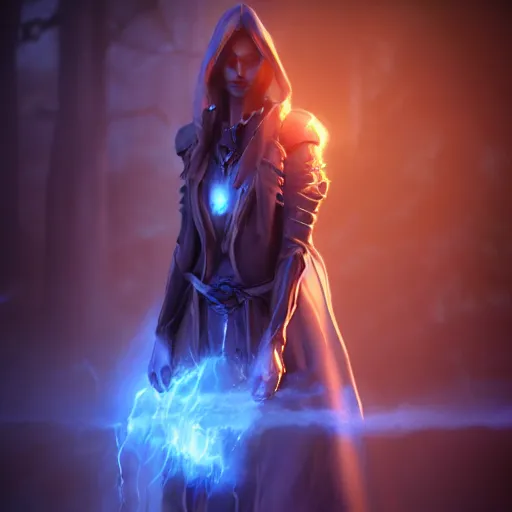Image similar to character design, dark arcanist, blue lightning, blue mist, fog, scary, photorealistic, unreal engine