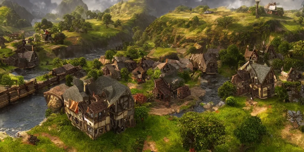 Prompt: fantasy, village, lots of house, guild, green hill, river, highland, water fall, day time, spot light, peaceful, atmospheric, hyper realistic, cinematic lighting, highly detailed