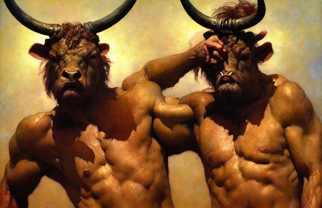 Image similar to portrait of minotaur, detailed face, detailed painting, epic lighting, by ilya repin, phil hale and kent williams