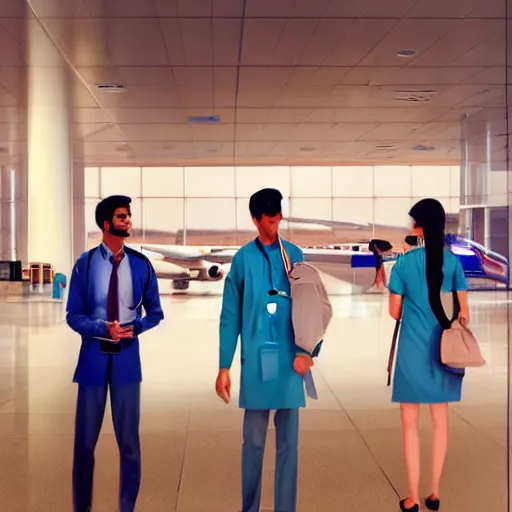 Image similar to Anxious good looking young Indian doctors in American clothes waiting at an airport, by Feng Zhu, highly detailed, excellent composition, cinematic concept art, dramatic lighting, trending on ArtStation