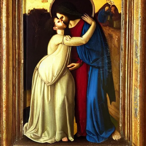 Image similar to an oil panting of a jesus kissing maria maddalena