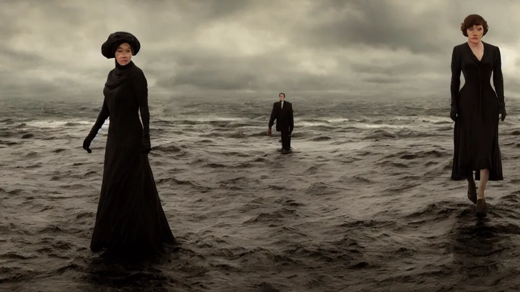 Image similar to photo of Helen McCrory coming out of the ocean, extreme detailed face, Peaky Blinders crew on the background, film still from the movie directed by Denis Villeneuve with art direction by Zdzisław Beksiński, wide lens