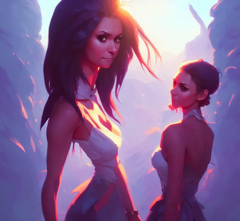 Prompt: nina dobrev, trending on artstation by artgerm, stephen bliss, greg rutkowski, loish, rhads, makoto shinkai and lois van baarle, ilya kuvshinov, rossdraws.