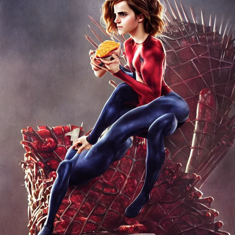 Image similar to emma watson in a spiderman suit sitting on the iron throne, eating a hamburger, gentle expression, elegant clothing, photorealistic, highly detailed, artstation, smooth, sharp focus, art by michael whelan, artgerm, greg rutkowski and alphonse mucha