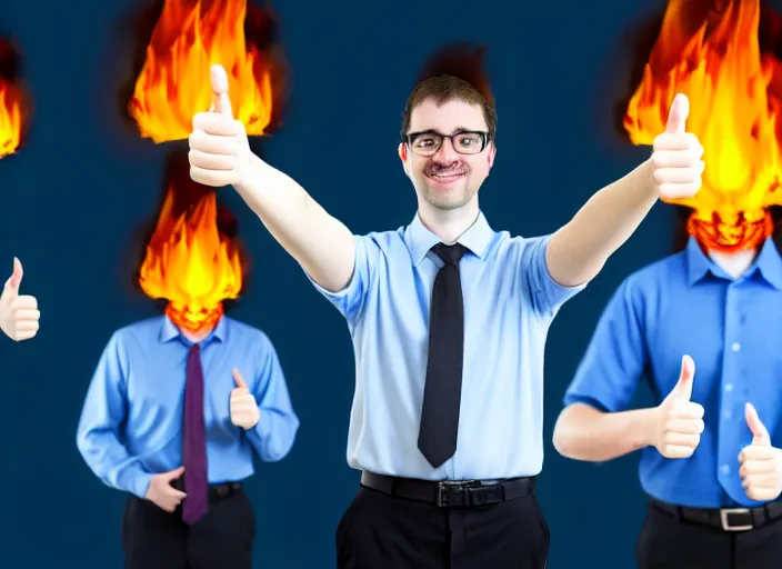 Image similar to A photo of a system administrator doing a thumb up to the camera in front on burning servers, servers in flames, happy system administrator doing a thumb up, uncropped, full body