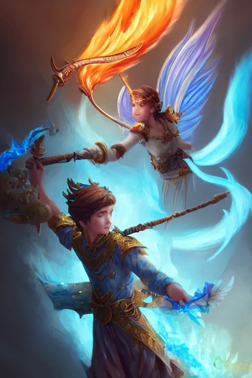 Image similar to legendary fairy prince hold flame staff, blue energy, highly detailed, d & d, fantasy, highly detailed, digital painting, trending on artstation, concept art, sharp focus, illustration, global illumination, ray tracing, realistic shaded, art by artgerm and greg rutkowski and fuji choko and viktoria gavrilenko and hoang lap