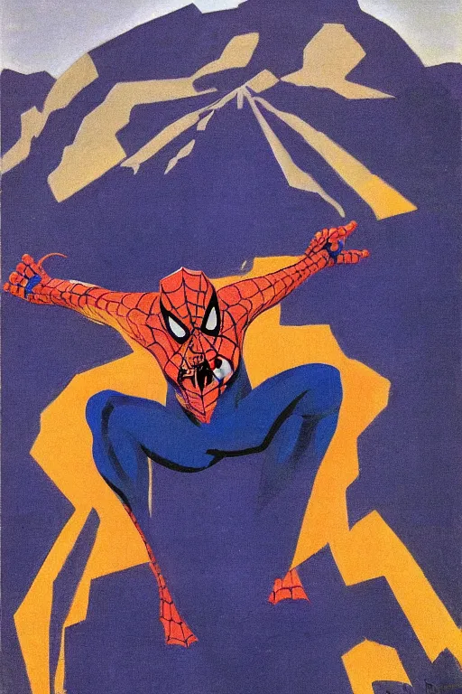 Image similar to spiderman stay on mountain, marvel, artwork by nicholas roerich,