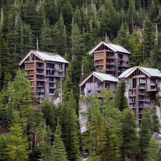 Prompt: brutalist cabin village, mountains, forest, beautiful,