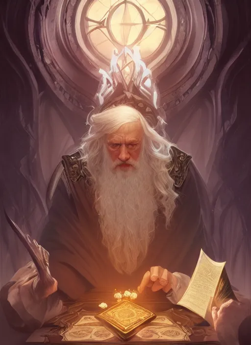 Image similar to dumbledore, d & d, fantasy, intricate, elegant, highly detailed, digital painting, artstation, concept art, matte, sharp focus, illustration, hearthstone, art by artgerm and greg rutkowski and alphonse mucha