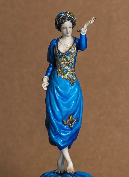 Image similar to 80mm, resin detailed model figure of a female wearing a blue baroque dress with glod ornaments