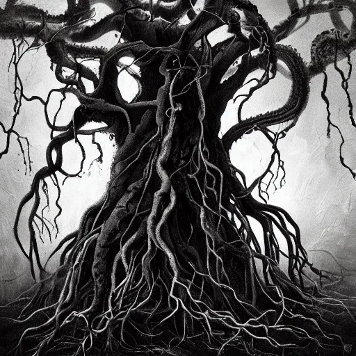 Image similar to award - winning painting of pitch black, tar - like, shadow roots with lots of tendrils spreading everywhere, intricate detail, deep black roots, infestation, shadowy, lovecraftian, beksinksi, black and white, chiaroscuro