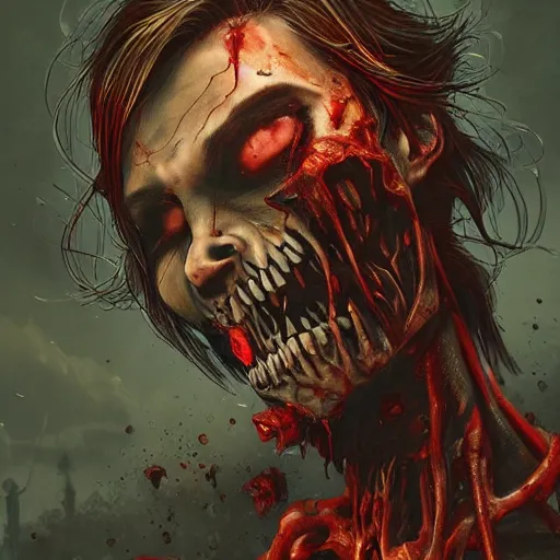 Image similar to a zombie male ripping his heart out and offering it to an attractive beautiful female zombie, detailed intricate ink illustration, dark atmosphere, detailed illustration, hd, 4k, digital art, overdetailed art, concept art, by greg rutkowski, by loish, complementing colors, Trending on artstation, deviantart,