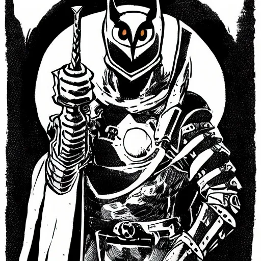 Image similar to a portrait of an owl knight, comicbook art, in the style of mike mignola, stylized, fantasy,