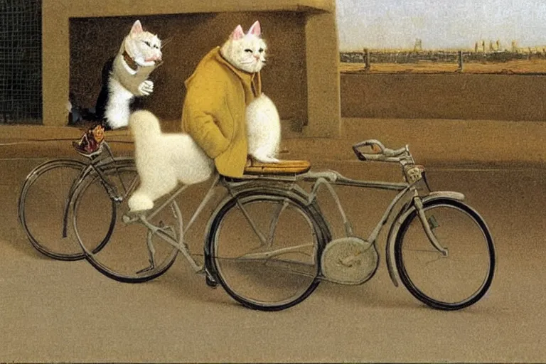 Prompt: a cat driving a bicycle, an illustration by michael sowa