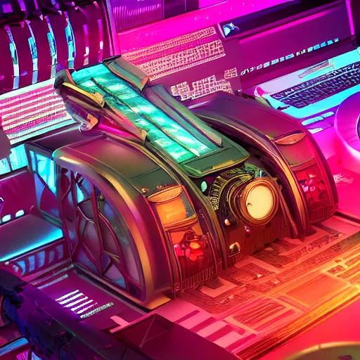 Prompt: album art, album is called tripmachine, tripmachine, photo of a huge futuristic steampunk machinery inside a computer, 8 k, fluorescent colors, halluzinogenic, multicolored, exaggerated detailed, front shot, 3 d render, octane