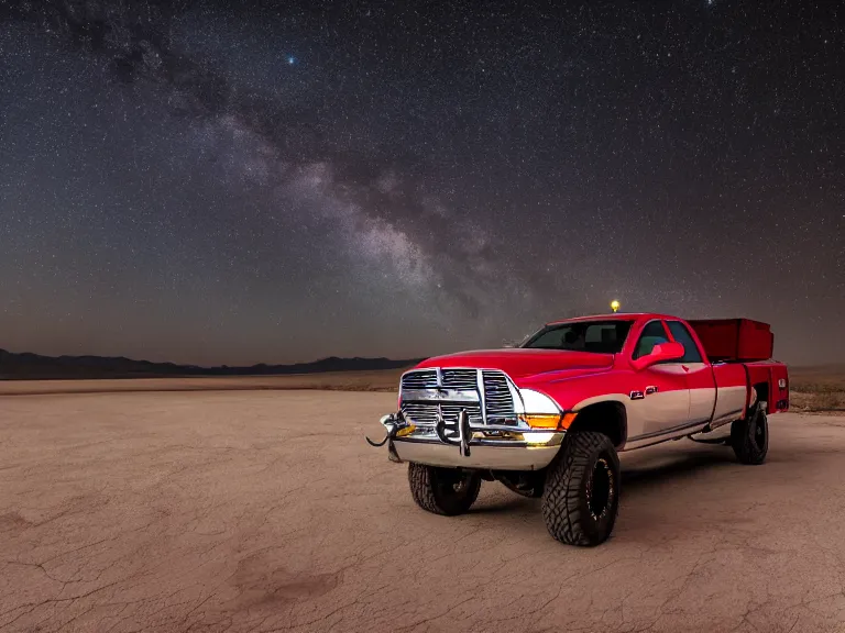 Image similar to dodge ram red power wagon overlanding on dry lake night, long exposure, milky way, award winning, cinematic